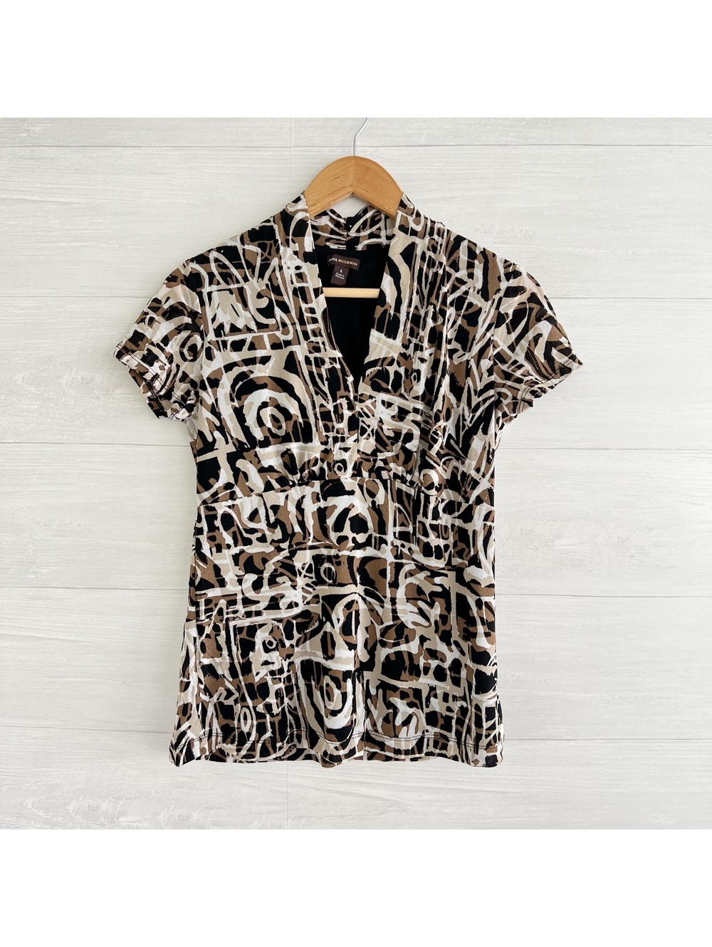 Dana Buchman Brown Black Abstract Mesh Short Sleeve Top Womenโs S
